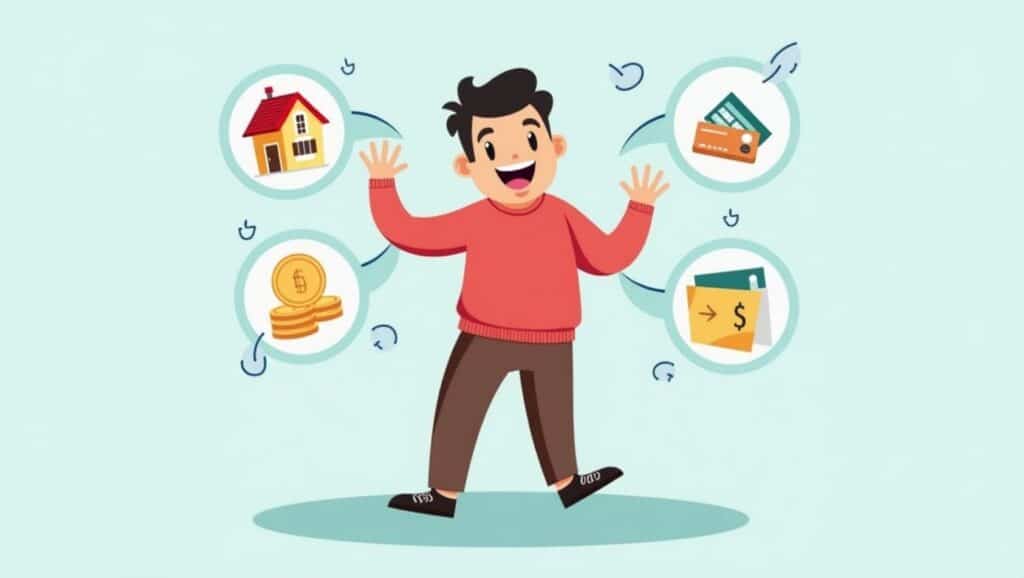 L'image est une illustration de style dessin animé représentant un homme souriant et enthousiaste, les bras levés. Autour de lui, quatre bulles de dialogue circulaires contiennent des icônes symbolisant différents aspects financiers : Une maison, Des cartes de crédit ou bancaires, Une pile de pièces de monnaie, Un dossier avec un signe monétaire et une flèche, Des flèches incurvées en rotation sont également visibles entre ces éléments, suggérant un cycle ou une interaction. L'ensemble de l'image transmet une idée de gestion financière, de solutions de financement