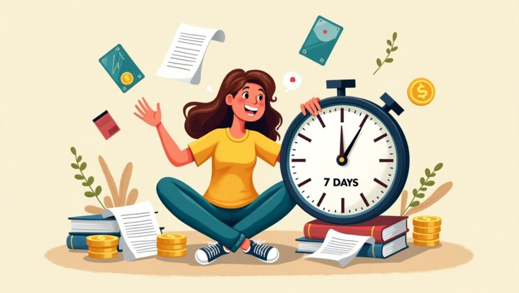 L'image est une illustration colorée et stylisée d'une femme souriante assise en tailleur, les bras ouverts. Elle tient une grande horloge ou un chronomètre affichant "7 DAYS" (7 JOURS) avec son bras gauche. Autour d'elle, divers éléments liés à la finance et à l'administration flottent ou sont empilés : des liasses de billets, des pièces de monnaie empilées, des documents, des cartes (similaires à des cartes de crédit)et des feuilles de papier. Le tout est sur un fond de couleur crème unie. Cette image peut symboliser la rapidité du délai de versement d'un prêt personnel