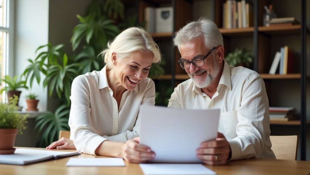 L'image montre deux personnes, une femme et un homme. Couple de retraités avec des cheveux clairs et gris respectivement, assis côte à côte à une table en bois. Ils sourient et semblent partager un moment agréable en regardant ensemble un document qu'ils tiennent. La femme, à gauche, porte une chemise blanche et rit. L'homme, à droite, porte une chemise claire et des lunettes, et sourit également. L'arrière-plan flou suggère un intérieur avec des plantes vertes et une étagère remplie de livres. La scène évoque la lecture d'un contrat de crédit pour retraités