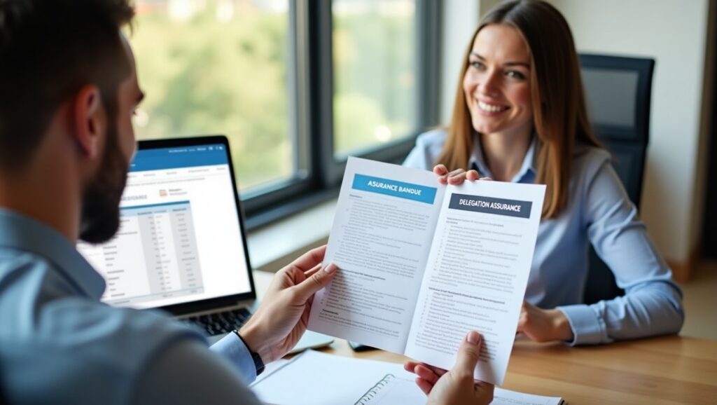 L'image montre deux personnes lors d'une discussion ou d'une consultation, probablement dans un cadre professionnel. Un homme, vu de dos, tient un dépliant ou une brochure ouverte, dont on peut lire les titres "ASSURANCE BANQUE" et "DÉLÉGATION ASSURANCE". Face à lui, une femme souriante, assise à un bureau, semble engager la conversation. Un ordinateur portable est visible sur le bureau. La scène évoque un échange d'informations ou un conseil concernant des produits d'assurance bancaire ou des options de délégation d'assurance.