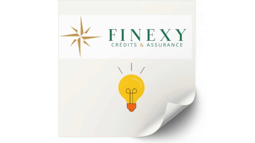 L'image montre un post-it numérique avec un coin replié. En haut se trouve un logo avec une étoile des vents dorée et le texte "FINEXY CRÉDITS & ASSURANCE" en vert. En dessous, une ampoule jaune est illuminée, symbolisant une idée. Le tout suggère des solutions ou des idées concernant les crédits et assurances, potentiellement dans le contexte d'un rachat de crédit.