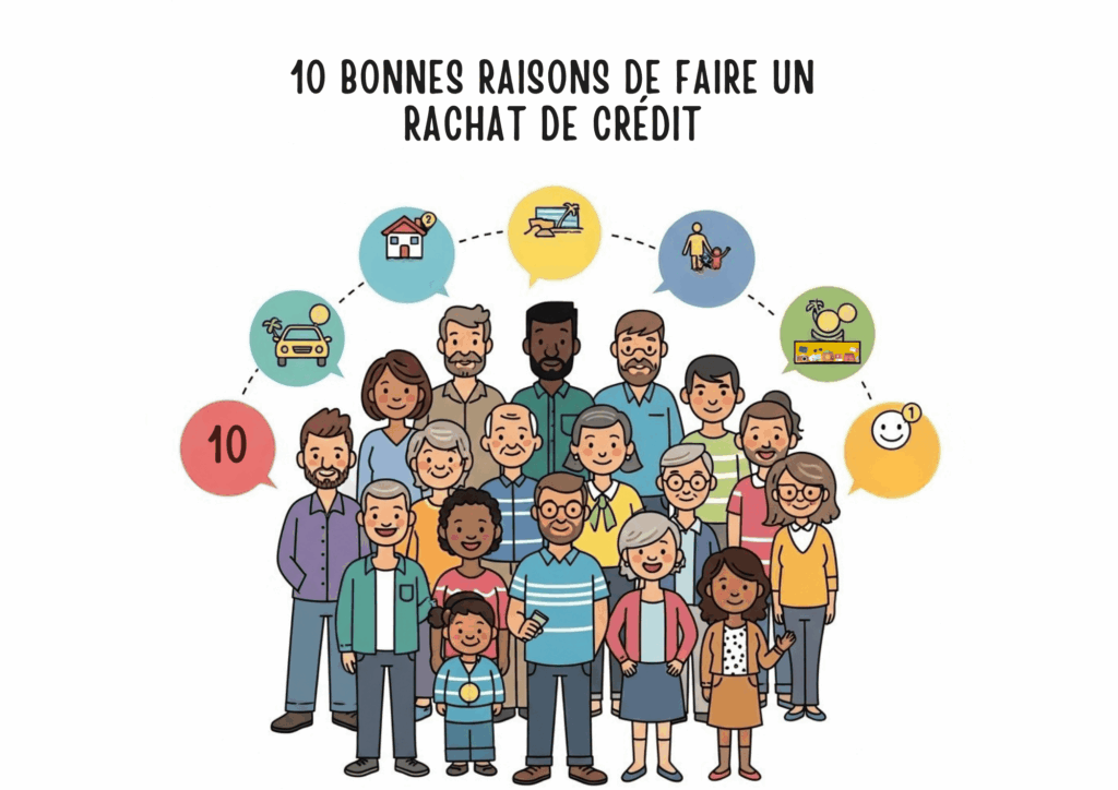 L'image est une illustration montrant un groupe diversifié de personnes avec des bulles de pensée au-dessus. Le texte principal en français indique : "10 BONNES RAISONS DE FAIRE UN RACHAT DE CRÉDIT". Les bulles contiennent des icônes représentant différents aspects de la vie (maison, voiture, loisirs, dépenses, argent), suggérant les bénéfices du rachat de crédits pour diverses situations financières. Un cercle rouge avec le numéro "10" souligne le thème des "10 raisons".