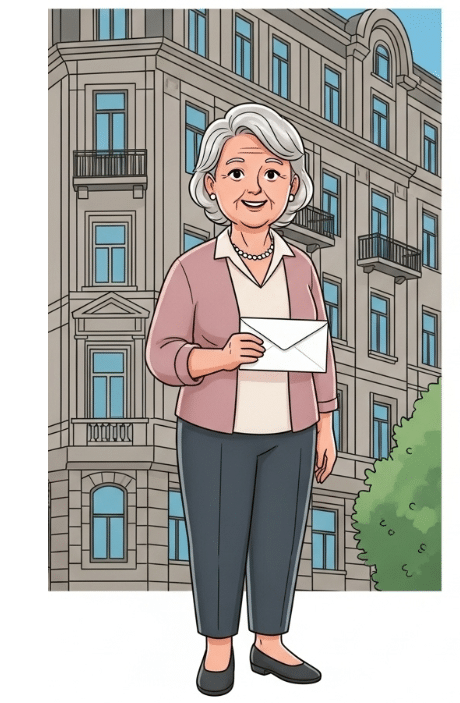 MMe L, 82 ans devant son immeuble suite à l'obtenttion d'un prêt viager hypothécaire