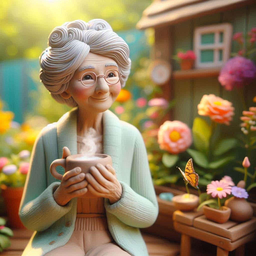 Illustration en pâte à modeler d’une femme senior souriante assise dans un jardin fleuri, tenant une tasse de thé, représentant Mme Dupont profitant sereinement de sa retraite grâce au prêt viager hypothécaire.