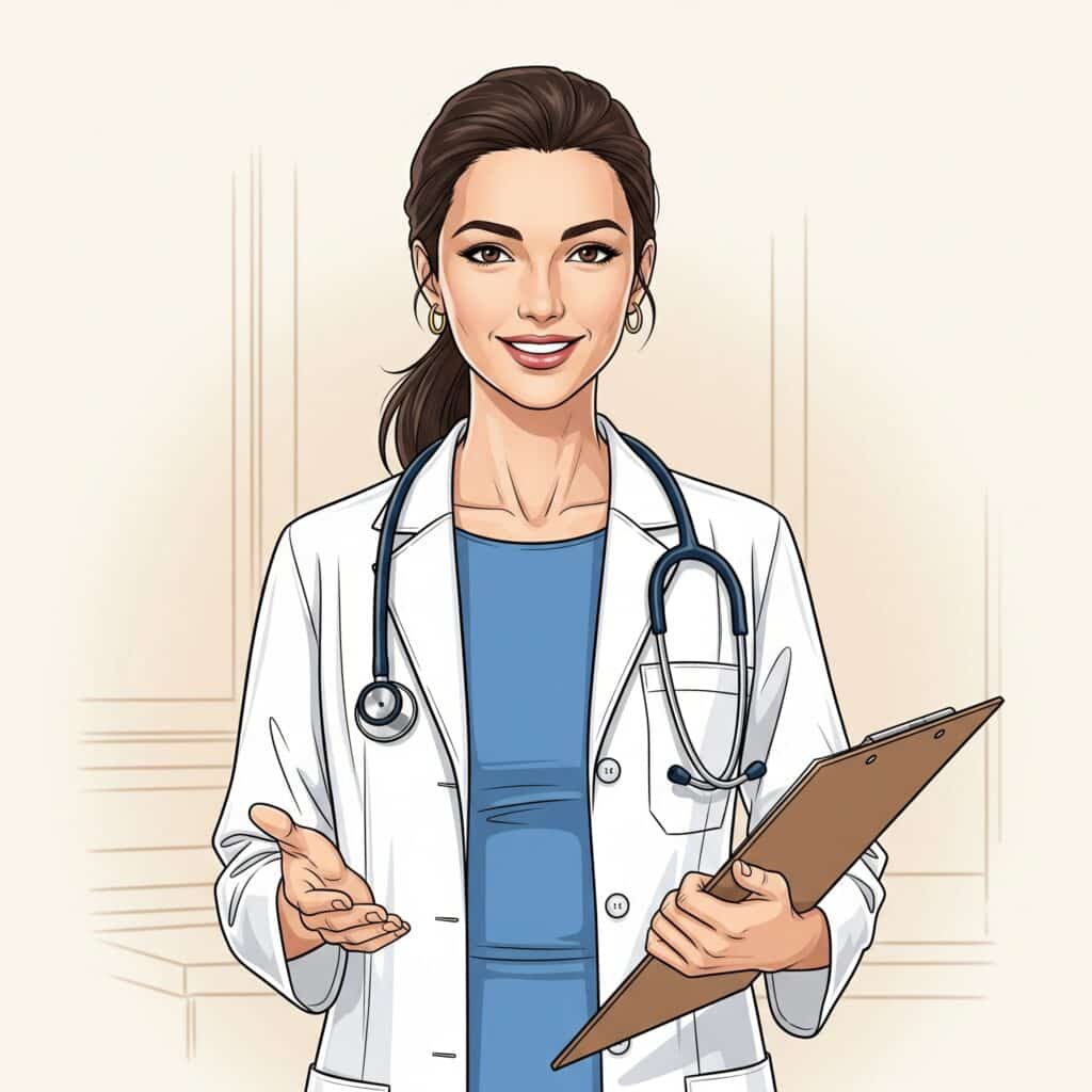 Une femme médecin souriante en blouse blanche et stéthoscope, tenant un presse-papiers et faisant un geste accueillant de la main.