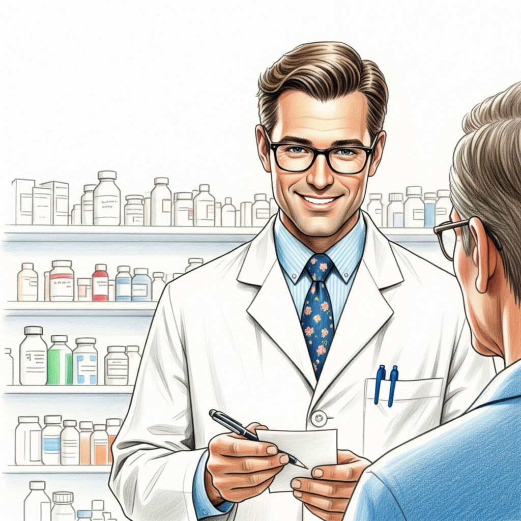 n pharmacien souriant, portant des lunettes et une blouse blanche, tenant un stylo et un petit papier, s'adressant à un client de dos, avec des étagères de médicaments en arrière-plan.