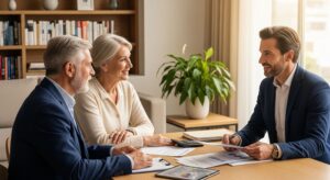Conseiller financier expliquant la différence entre prêt hypothécaire classique et prêt viager hypothécaire à un couple senior