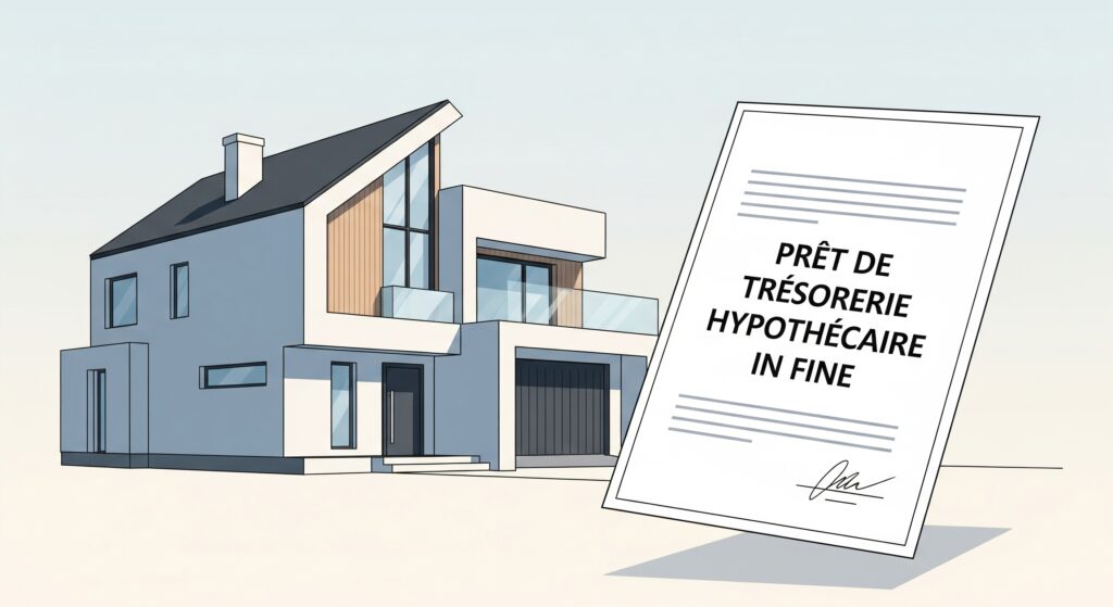 Illustration d'une maison moderne blanche et grise, avec un grand contrat à côté sur lequel est inscrit en français le texte 'PRÊT DE TRÉSORERIE HYPOTHÉCAIRE IN FINE'. Le fond est clair et épuré.