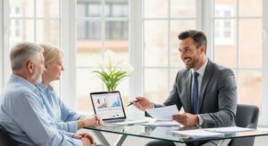 Un conseiller financier discutant avec un couple de seniors, présentant des informations sur un prêt viager hypothécaire