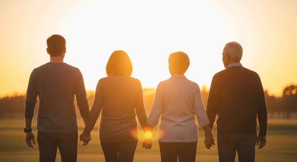 Photo horizontale d'une famille multi-générationnelle vue de dos face au coucher du soleil, symbolisant la transmission et la planification de succession dans le cadre du prêt viager hypothécaire.