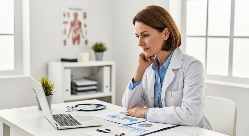 Femme médecin assise à son bureau, consultant des documents financiers sur un ordinateur portable dans un cabinet lumineux, illustrant le rachat de crédits pour les professions libérales médicales.