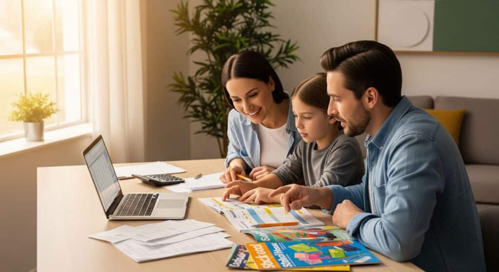 Famille devant un bureau gérant leurs finances, illustration d’un conseil budget pour alléger les charges et maîtriser les crédits à la rentrée.