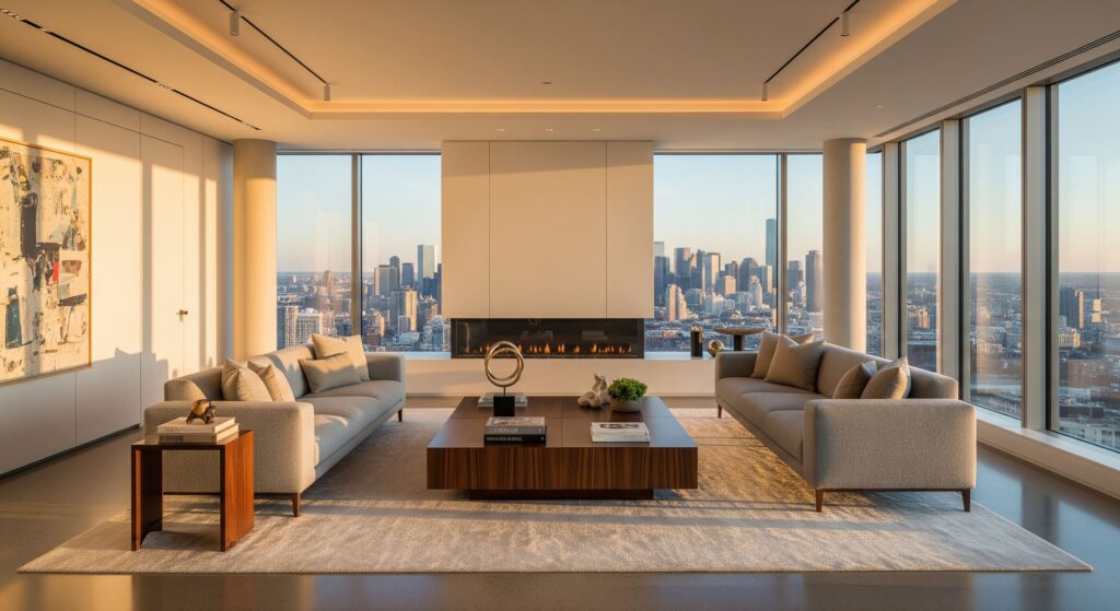 Intérieur élégant d’un penthouse de luxe, illustrant le salaire pour emprunter 1 million dans le cadre d’un projet immobilier haut de gamme.