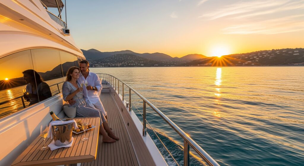 Yacht de luxe naviguant au coucher du soleil, illustrant l'article sur les solutions pour financer un bateau rapidement et efficacement.