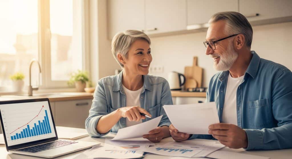 Couple de jeunes seniors souriants assis à une table, consultant des documents financiers et un ordinateur portable, illustrant le rachat de crédit avant la retraite.