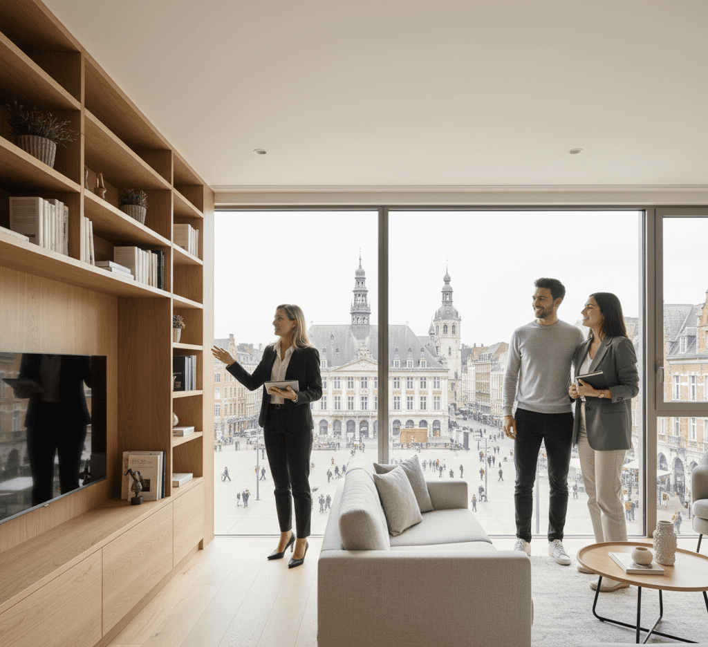 Couple visitant un appartement moderne lors de l’achat d’un bien immobilier à Lille, accompagné par un agent immobilier, ambiance réaliste et lumineuse.