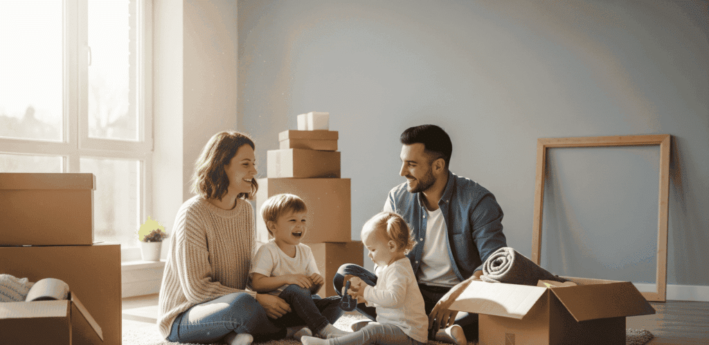 Famille composée d’une mère, d’un père et de leurs enfants souriants, assis dans le salon lumineux de leur nouvelle maison, entourés de cartons de déménagement – illustration réaliste d’un projet immobilier réussi grâce à une assurance emprunteur.