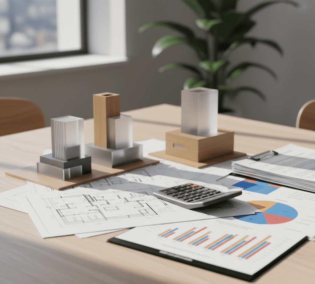 Financement marchands de biens : plans immobiliers, documents financiers et graphiques sur un bureau, ambiance professionnelle et stratégique.