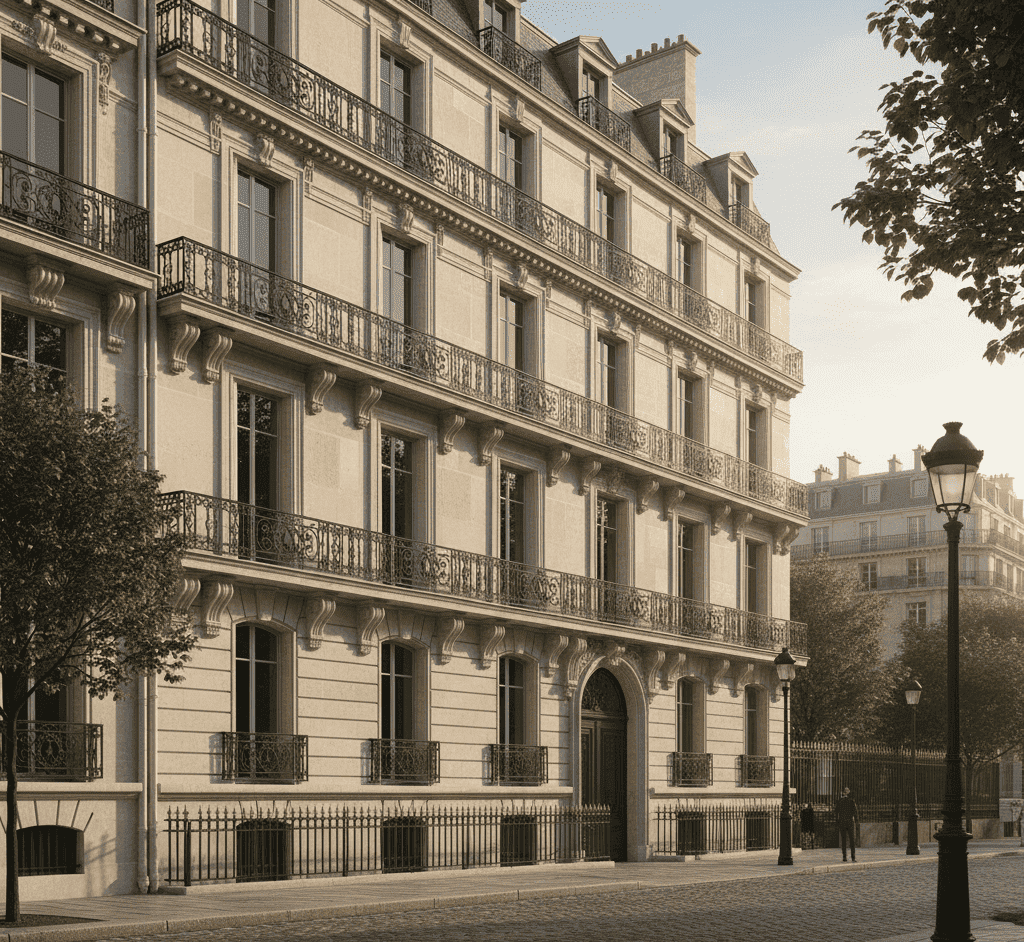 Investissement immobilier de prestige : hôtel particulier haussmannien parisien, illustration élégante et luxueuse.