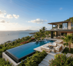Investir dans les DOM TOM : villa moderne avec piscine et vue sur la mer turquoise entourée de palmiers et végétation tropicale.