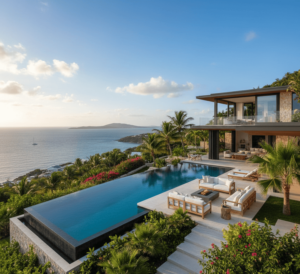 Investir dans les DOM TOM : villa moderne avec piscine et vue sur la mer turquoise entourée de palmiers et végétation tropicale.