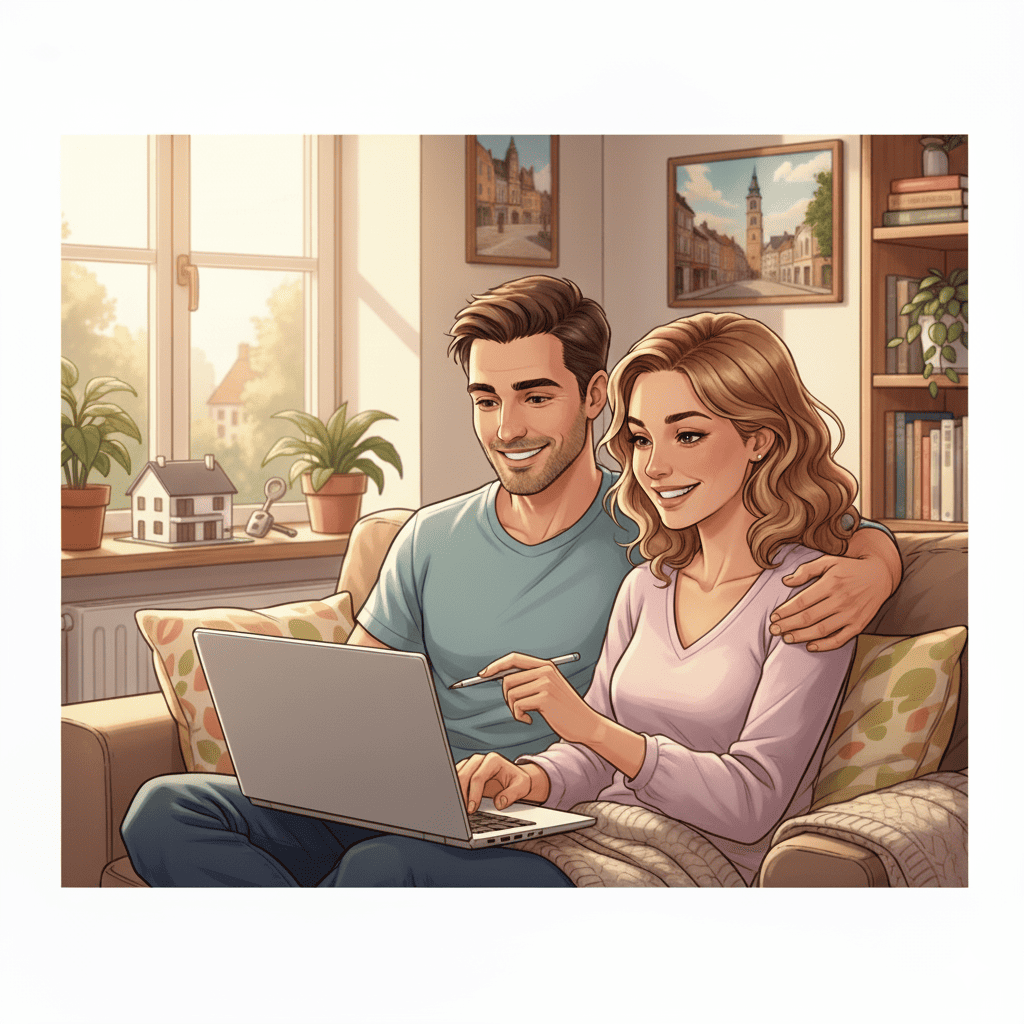 Paul et Nadia dans leur salon lumineux à Valenciennes, souriant devant leurs documents financiers après un rachat de crédit Haut de France, montrant la réduction de leurs mensualités immo et auto.