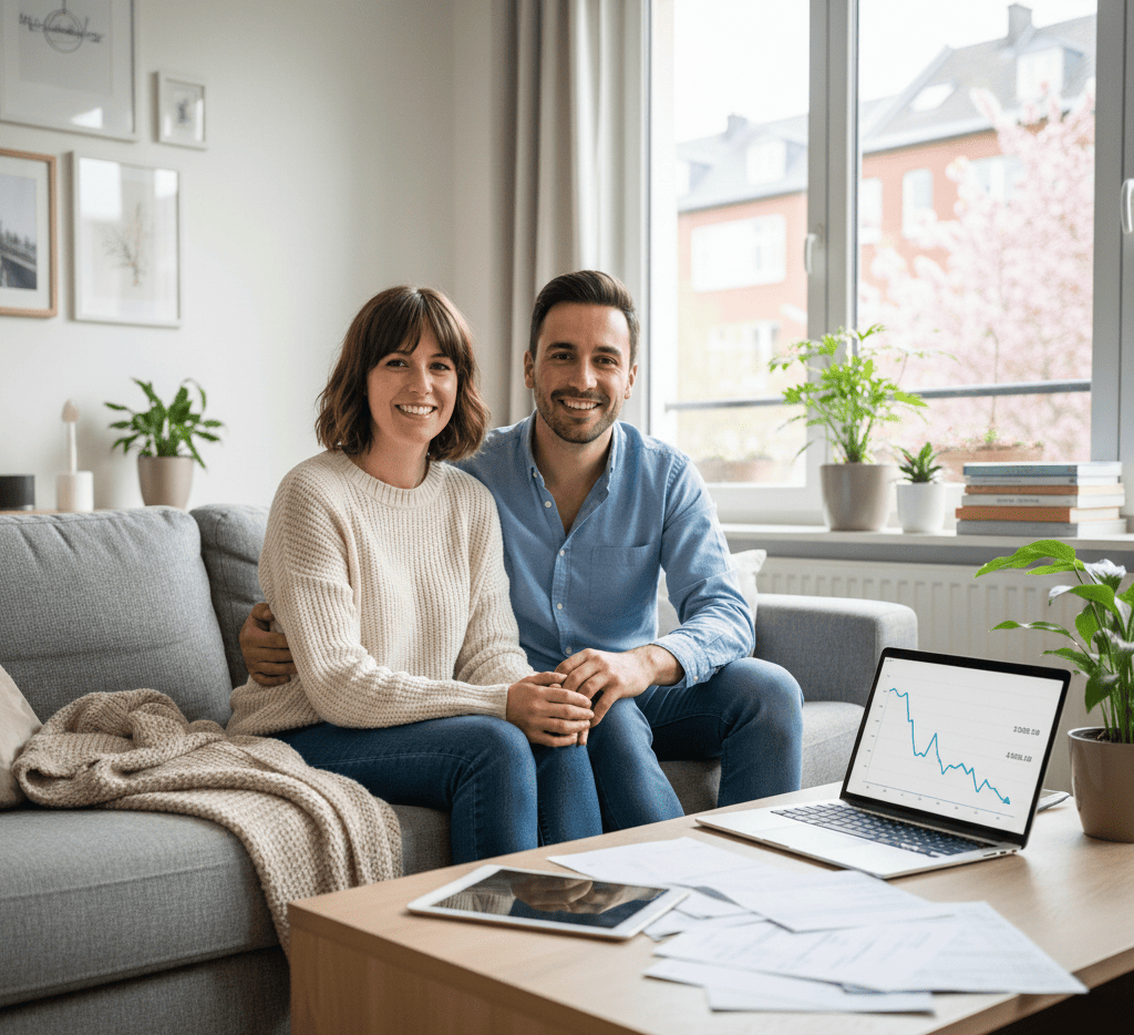 Couple heureux dans leur salon, consultant leurs finances après un rachat de crédit Haut de France, illustrant la réduction de leurs mensualités