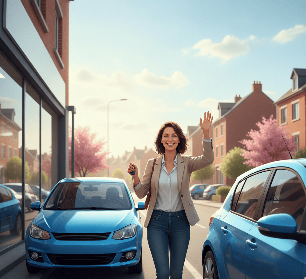Sophie à Arras, souriante  devant sa voiture d’occasion, entourée de documents financiers, illustrant le rachat de crédit Haut de France et la réduction de ses mensualités