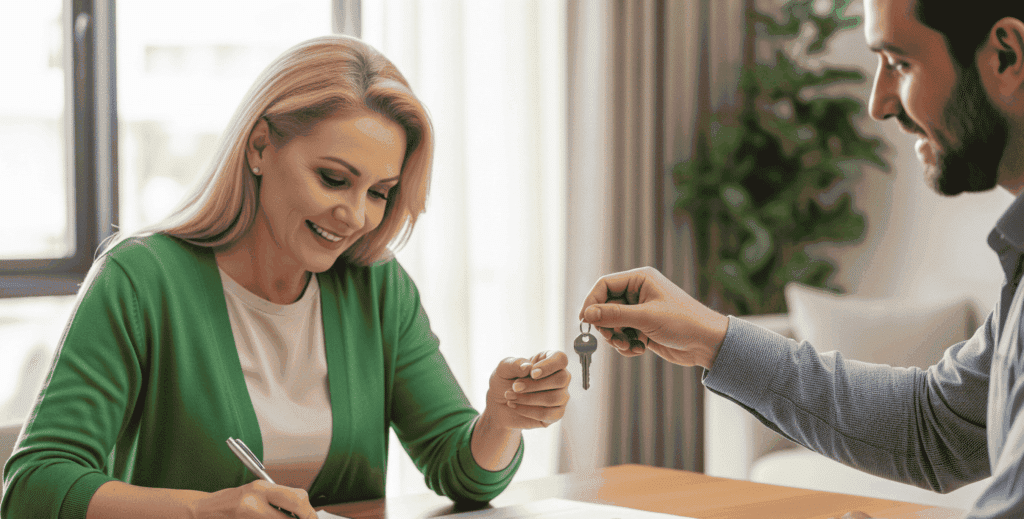 Femme signant des documents pour un rachat de soulte immobilier, homme lui remettant les clés, dans un salon lumineux et moderne, transaction familiale sécurisée