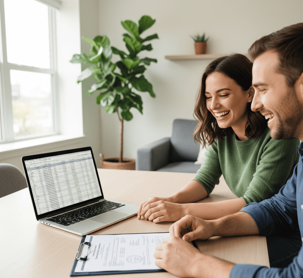Couple utilisant la calculette frais de notaire sur un ordinateur portable pour estimer les frais d'acquisition immobilière.
