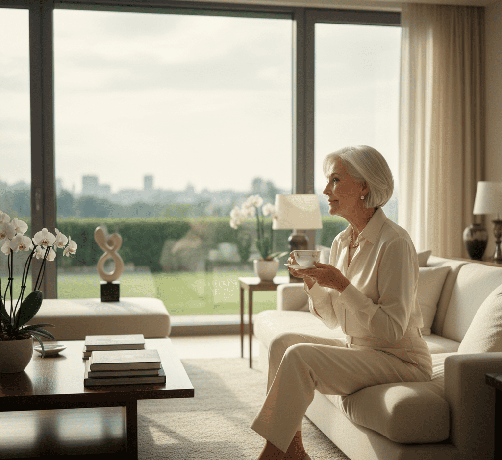 Femme senior sereine dans son salon lumineux, illustrant la liberté financière et l’accès au crédit pour les seniors grâce à leur patrimoine immobilier.