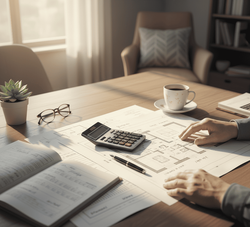 Mains d’un propriétaire sur un bureau avec plan immobilier, calculatrice et café, illustrant le financement par crédit hypothécaire.