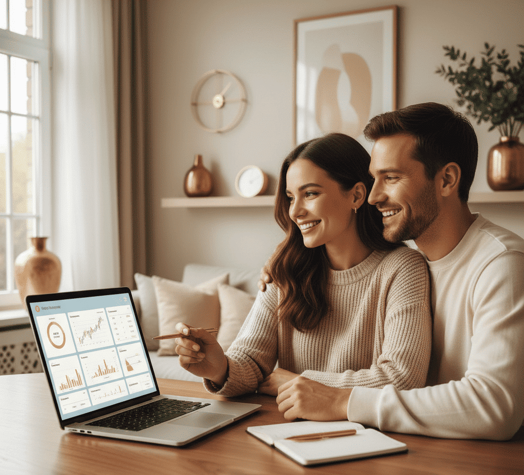Couple souriant consultant leurs finances sur un ordinateur portable à la maison, la femme montre un graphique pour financer un nouveau projet, dans une ambiance chaleureuse, moderne.