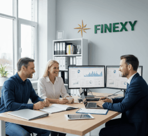 Photo illustrant la transformation d’un prêt relais en prêt classique, avec un couple accompagné d’un courtier pour sécuriser leur financement immobilier.