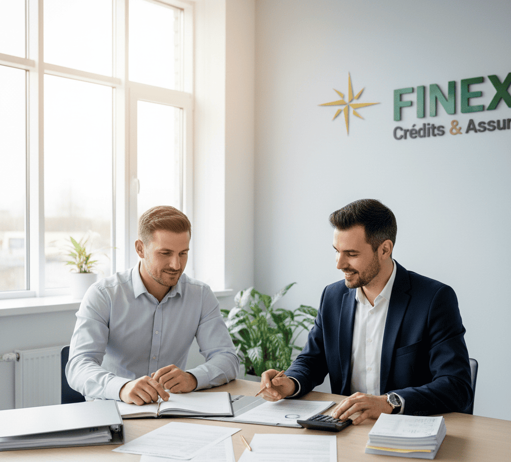 homme réalisant un rachat de crédit pour payer ses impôts avec son conseiller financier Finexy dans un bureau