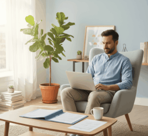 Personne utilisant un ordinateur portable chez elle pour un rachat de crédit rapide en ligne, ambiance sereine et moderne.