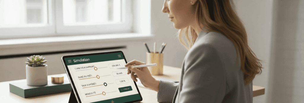 simulateur capacité emprunt FINEXY sur tablette, utilisé par une personne en environnement professionnel.