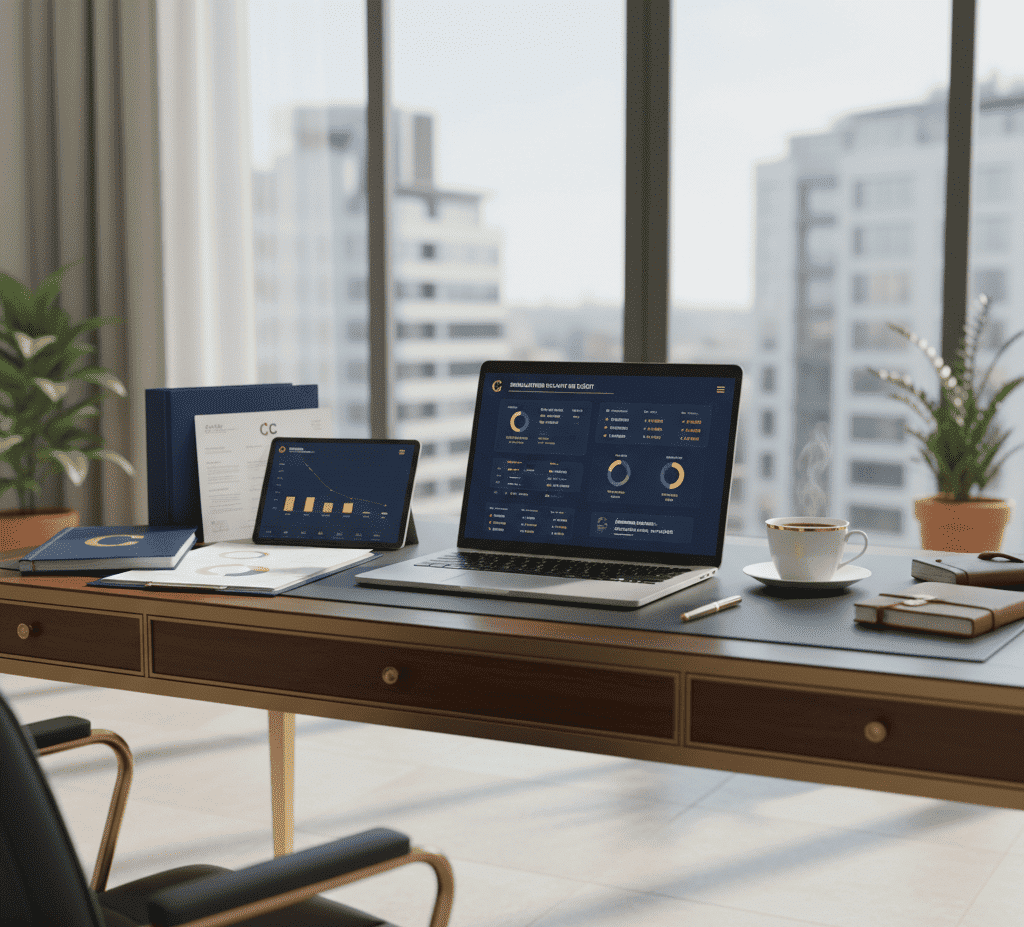 simulateur rachat de crédit FINEXY affiché sur un ordinateur dans un bureau moderne et professionnel