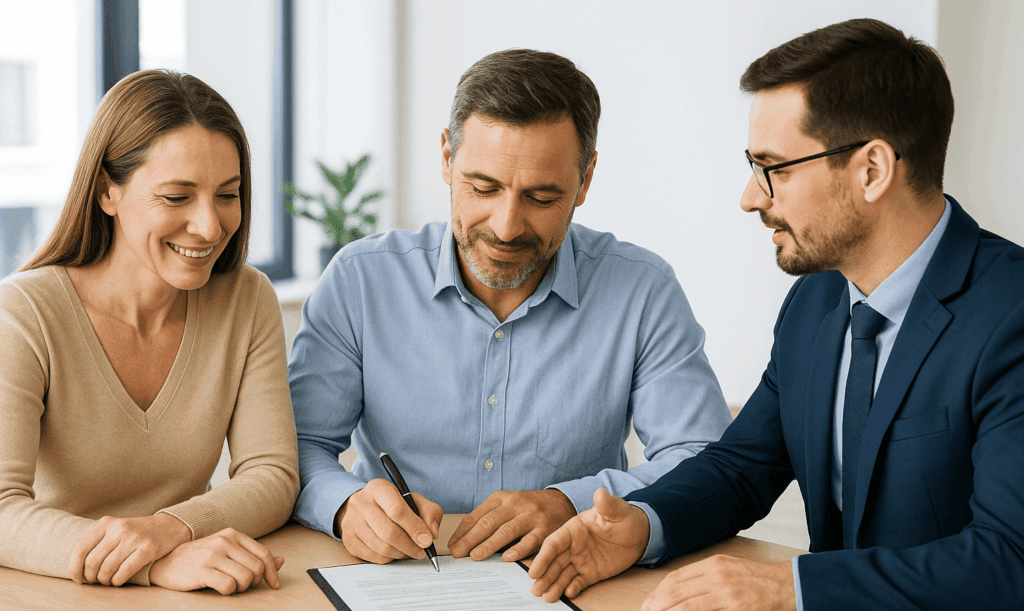 Scène montrant un couple avec un conseiller financier dans un bureau lumineux, illustrant comment utiliser la valeur de son bien pour emprunter.