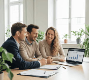 Un couple échange avec un courtier dans un bureau lumineux pour obtenir un crédit immobilier expatriés