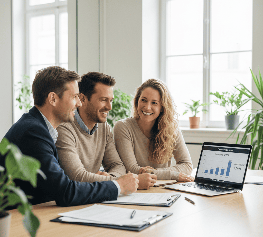 Un couple échange avec un courtier dans un bureau lumineux pour obtenir un crédit immobilier expatriés