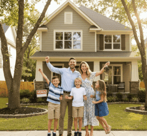 Demande de prêt immobilier: famille avec trois enfants heureuse devant leur nouvelle maison suite à leur nouvel achat