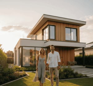 Couple heureux devant leur maison après avoir exercé la faculté de rachat vente à réméré avec FINEXY