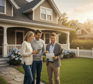 couple devant leur maison discutant d’une hypothèque maison avec un conseiller.