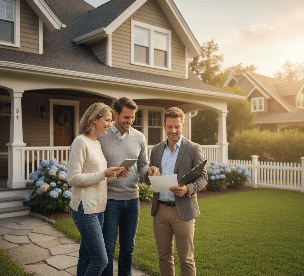 couple devant leur maison discutant d’une hypothèque maison avec un conseiller.