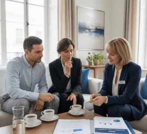 Un couple échange avec une conseillère dans un salon lumineux, autour d'un dossier de rachat de crédit avec trésorerie. L'ambiance est professionnelle et rassurante, illustrant un rendez-vous conseil pour l'optimisation budgétaire et le financement de nouveaux projets.