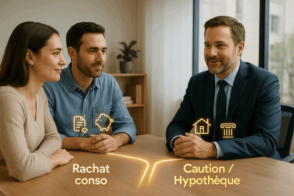 Conseiller financier présentant deux options de rachat de crédit avec caution ou hypothèque à un couple, illustrant le choix entre rachat conso et garantie immobilière