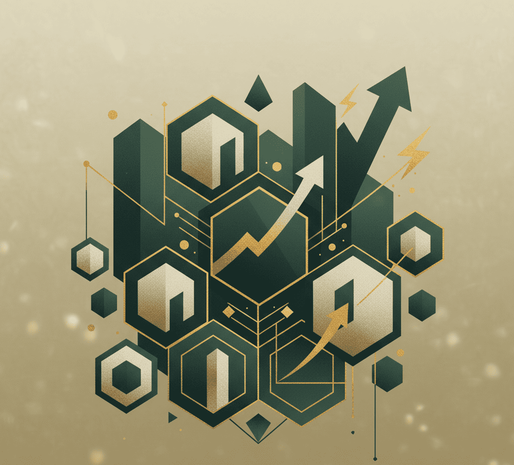 Une illustration abstraite et premium composée d'hexagones et de formes géométriques entrelacées, dans une palette de couleurs vert foncé, doré et beige. Des lignes fines dorées relient les éléments, créant un motif complexe. Des flèches montantes et des symboles d'éclair dorés sont intégrés, suggérant la croissance et le dynamisme. L'ensemble évoque le secteur de l'immobilier et de la vente avec une esthétique sophistiquée et moderne.