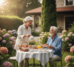 Couple de retraités, modernes et souriants, assis à une table dans leur jardin luxuriant baigné par la lumière du matin. Ils prennent leur petit déjeuner, des fruits frais et des boissons, dans une ambiance sereine et agréable. Le décor évoque la tranquillité et le bien-être de passer sa retraite à l'étranger ou de profiter pleinement de leur temps libre.