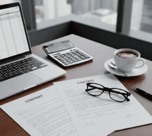 Gros plan sur un bureau bien rangé avec des documents de contrat ou de prêt une calculatrice, des lunettes, une tasse de café, et un ordinateur portable, symbolisant le rachat de crédit fonctionnaires. L'image est prise dans un environnement de bureau lumineux.